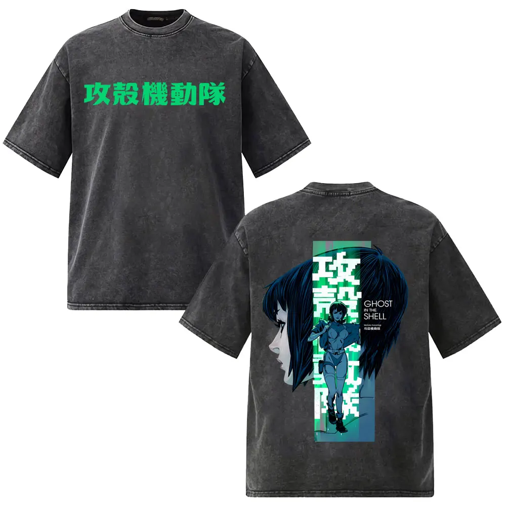 

Anime Ghost in The Shell Washed Vintage T-shirt Manga Kusanagi Motoko Y2k Merch T-shirts Men Women Casual Retro Cotton T Shirts