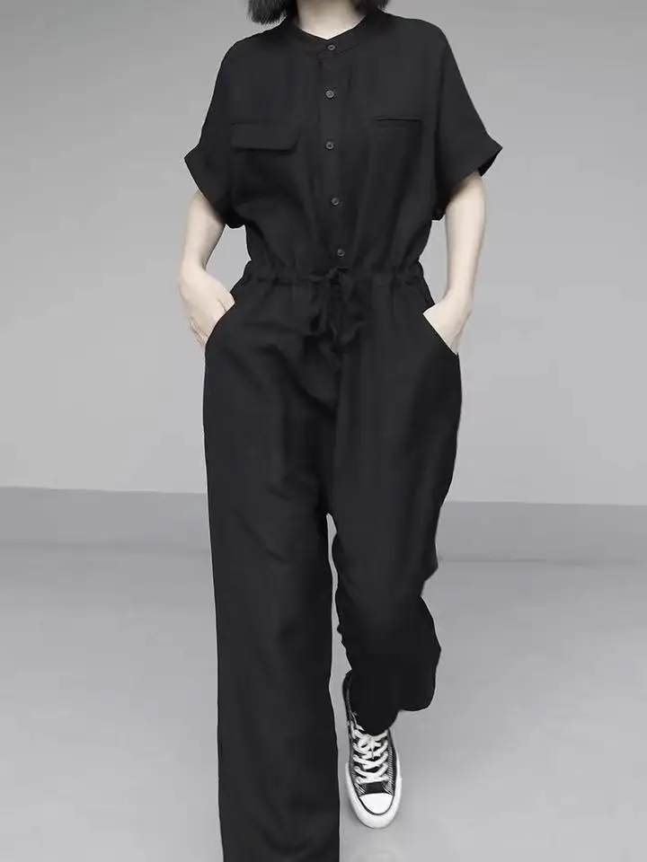 

Fashionable plus Size Slimming Utility Pants Loose Waist Jumpsuit Short Sleeve Long Pants Women High Waist Commute Style
