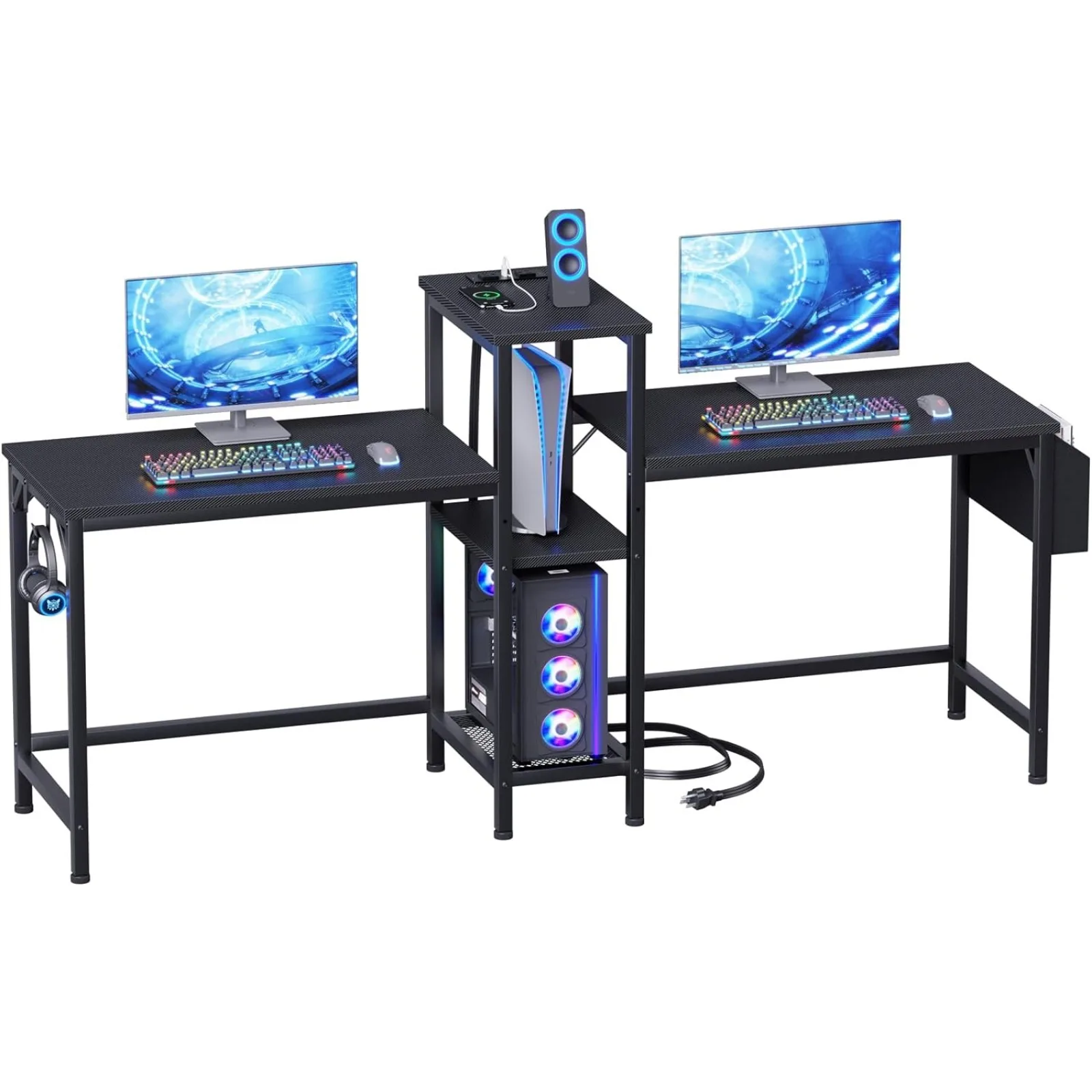 

US Double Desk with Power Outlets, 71 Inch Computer Desk with Storage Bag and Headphone Hooks, Gaming Desk Study