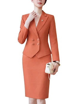 Vrouwen Formele Blazer Rok Pak Dames Zwart Roze Oranje Lange Mouw Vrouwelijke Zakelijke Werkkleding Tweedelige Set Voor Herfst Winter