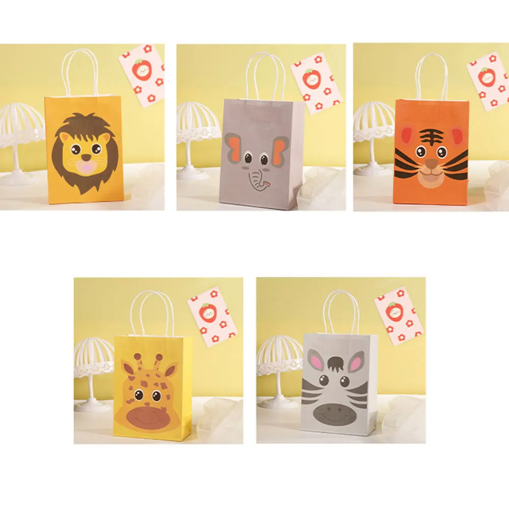 6PCS Jungle Animals Paper Bag Cartoon Lion Tiger Zebra Gift Bag for Jungle Party Decorations Kids Gift Cookies Packaging Bags
