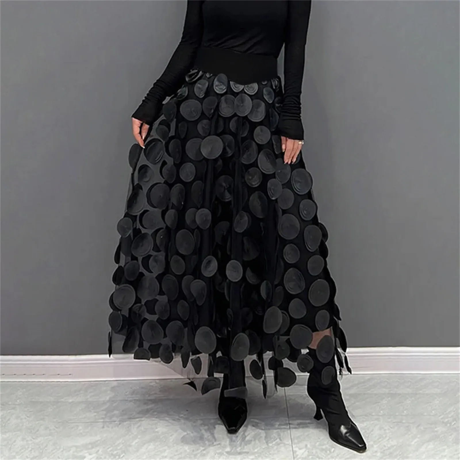 

Vintage A Line Skirt Long Pleated Tulle Skirt Women 2024 Summer Korean Fashion Polka Dots Appliques A Line High Waist Midi Skirt