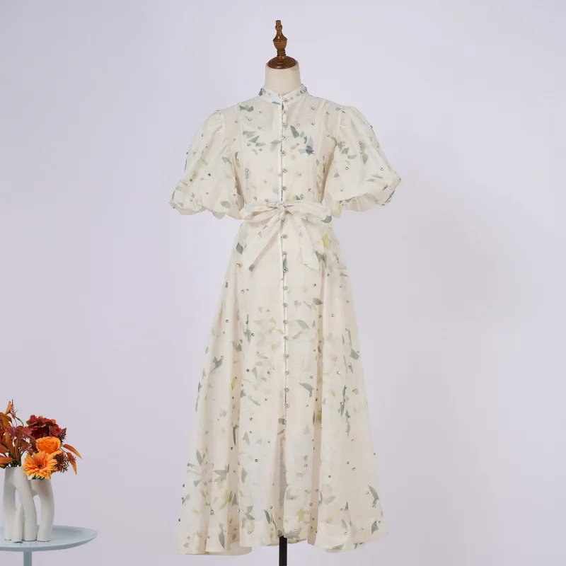 

Real Shot In Stock Style Runway 16 Colors Design Sense Heavy Embroidery Short Sleeve Single-Breasted Dress + Strap
