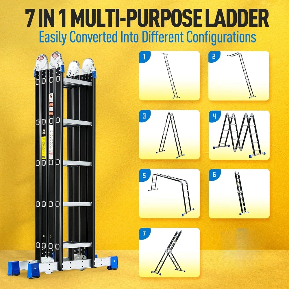 Folding Step Ladder, 19.6ft, 7 in 1 Multi-Purpose Folding Adjustable Telescoping Aluminium Extension Ladders, 330lbs