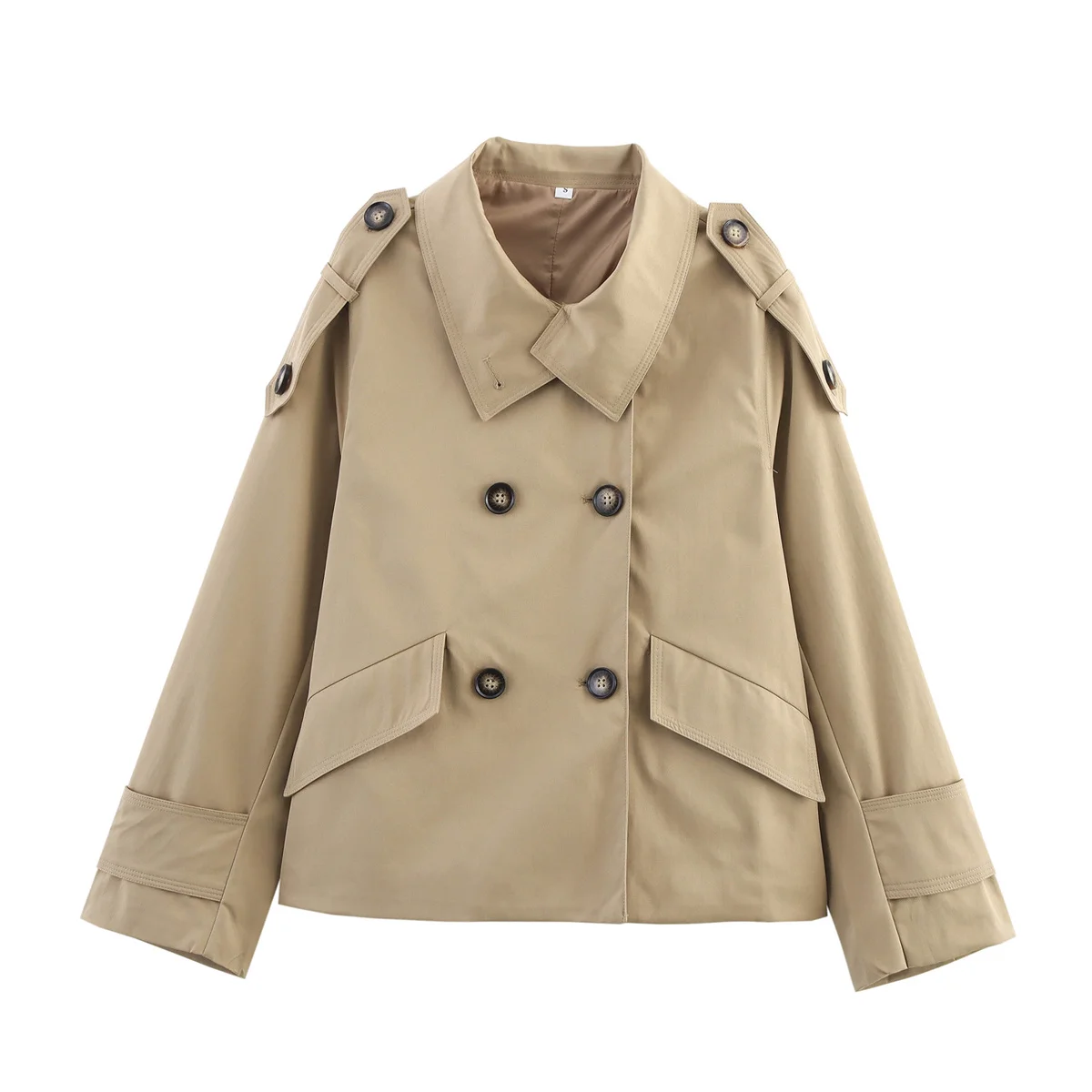 

Khaki Trench Coat Women Collar Full Double Breasted Jacket Woman StandSleeve Pocket Autumn Casual Loose Outerwears