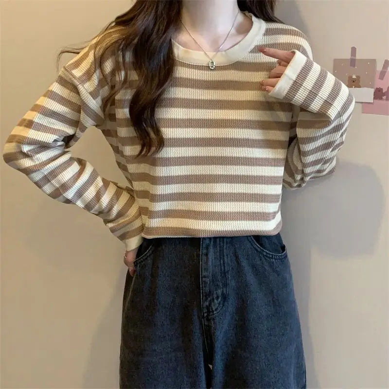 Sweet Striped Contrast T Shirts Spring Autumn New Long Sleeve Loose Youth All-match Korean Tops Fashion Casual Women Clothing