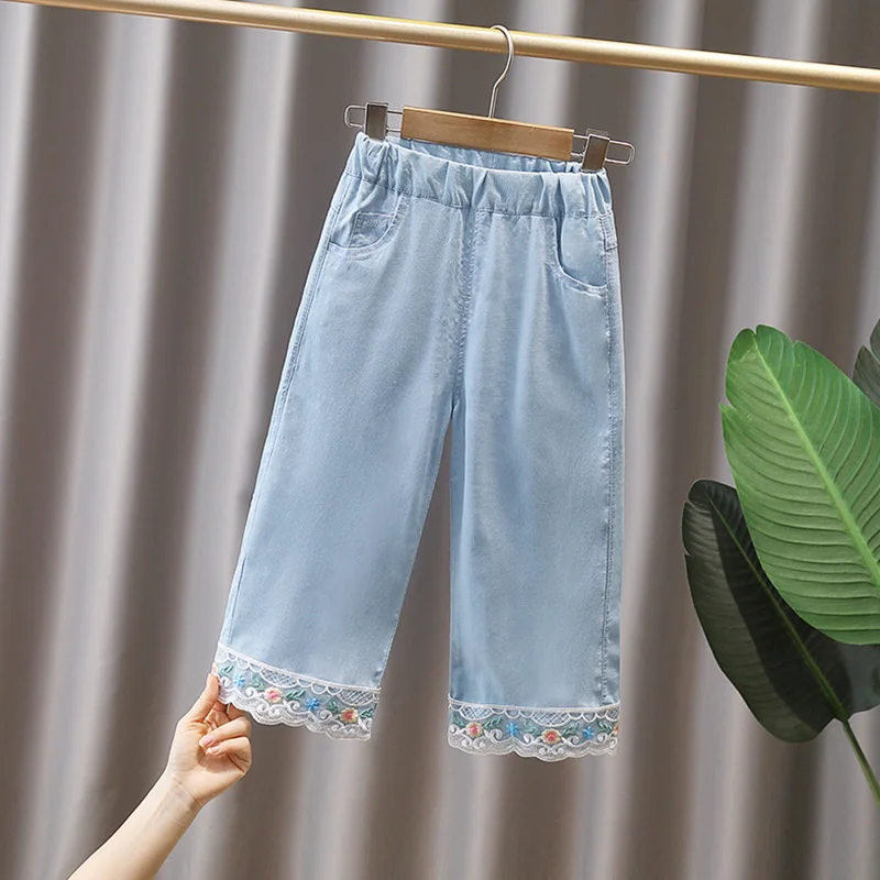 

2024 Spring and Autumn Girls' Leisure Embroidered Flower Pocket Elastic Jeans Straight Leg Pants Children's Clothing 1-8y