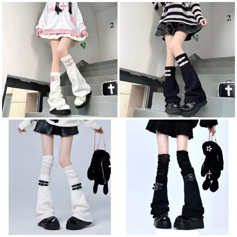 Women Spice Girl Harajuku Punk Gothic Lolita Y2K Girl Bling Bling Star Leg Warmer Winter Warmer Buckles Punk Lace Up Leg Warmers