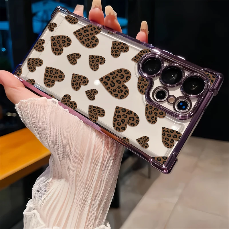 Slim Lightweight Silicone Phone Case For Samsung Galaxy S23 Ultra S22 Plus S21 FE S20 Heart-Shaped Leopard Shockproof Cases Etui