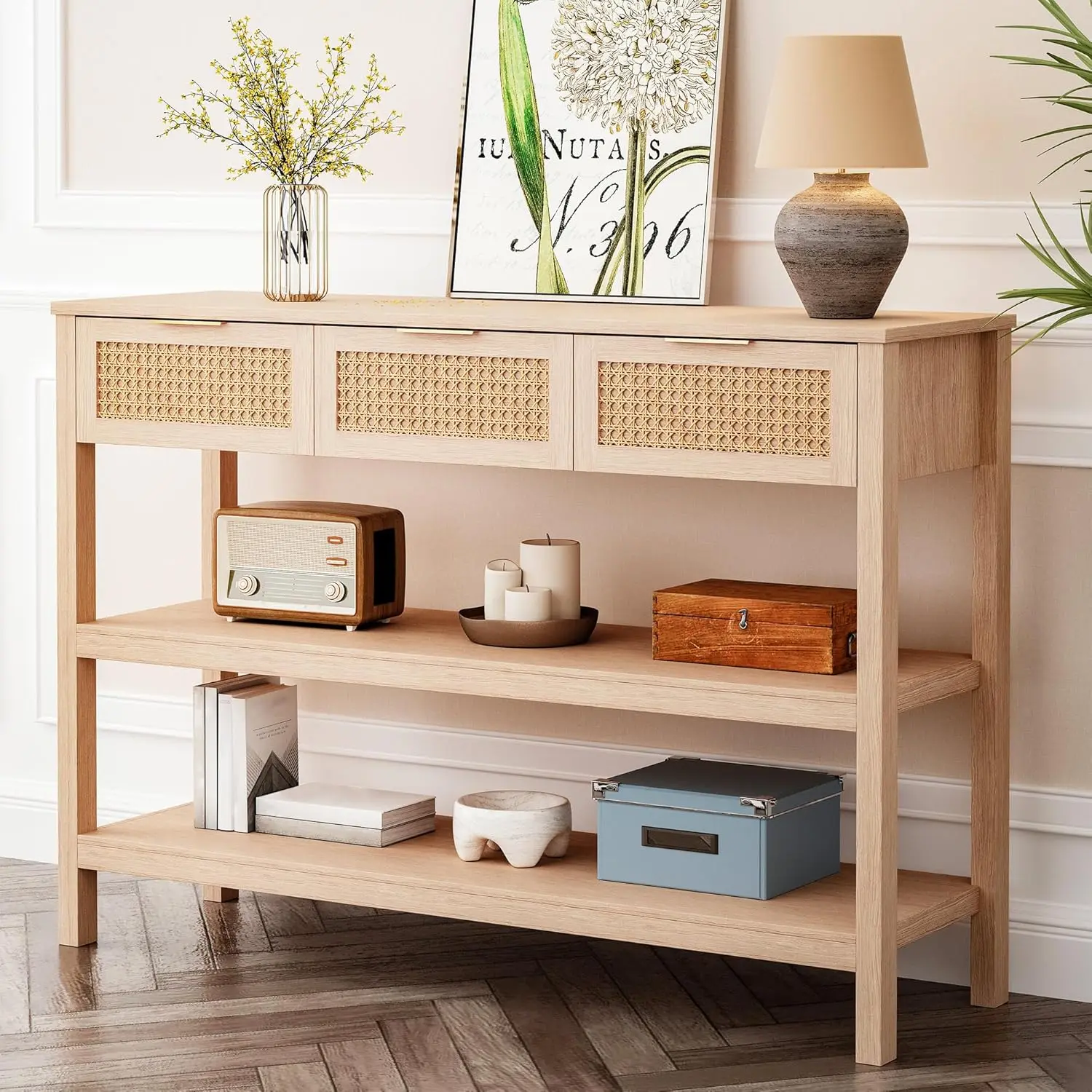 

Narrow Console Table, 51" Entryway Table with 3 Rattan Drawers, Sofa Table Behind Couch/Sofa with 2 Storage Shelves, Natural Woo