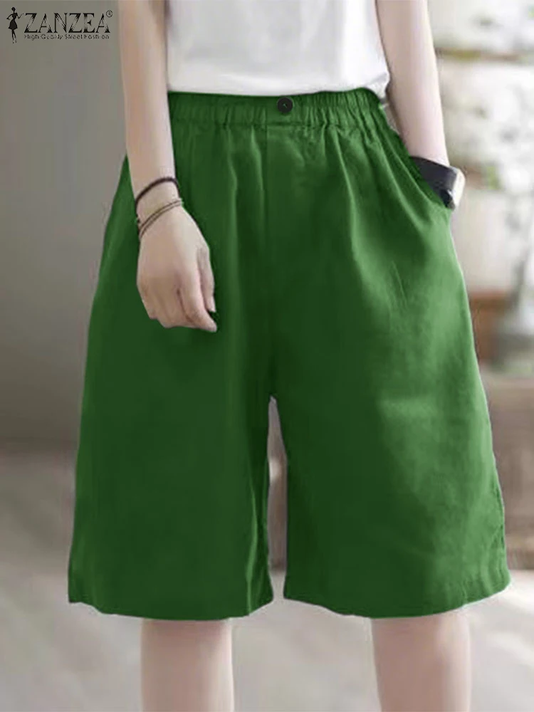 ZANZEA شورتات عصرية للسيدات 2025 سراويل كابري صيفية عالية الخصر جيب بلون واحد شورتات غير رسمية بخصر مطاطي مستقيم