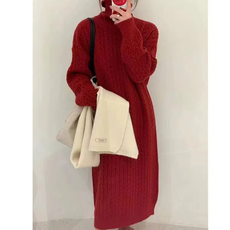 

2025 Autumn/winter Warm High Collar Loose Knitted Sweater for Women, Over Knee Inner Undercover, Long Sweater for Women