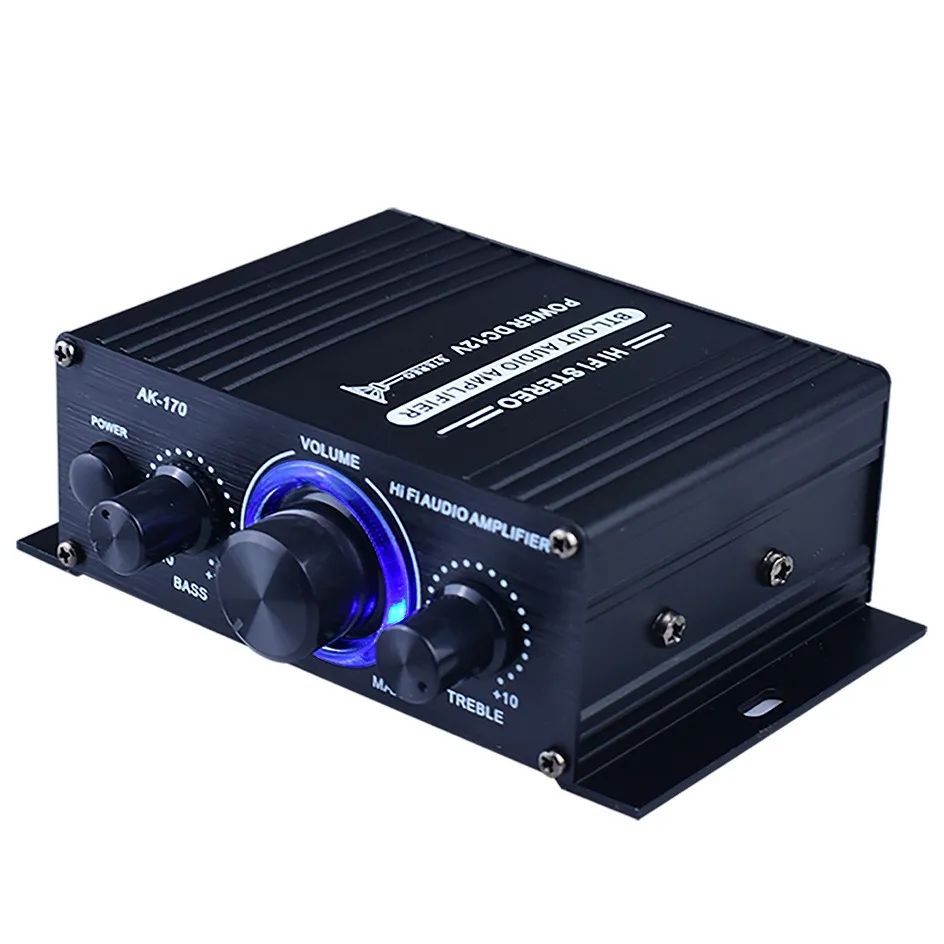 

AK170 Mini Digital Power Audio Car Amplifier Blue Light Stereo Audio Amplifier for Home Theater Club Party Music 200Wx2 Power