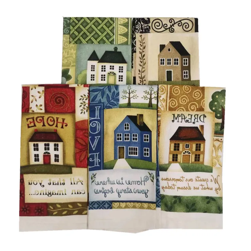 1Pc 38x63cm Vintage Colorful House Printed Cotton Tea Towel Kitchen Dishcloth Cleaning Tool New Year Gift