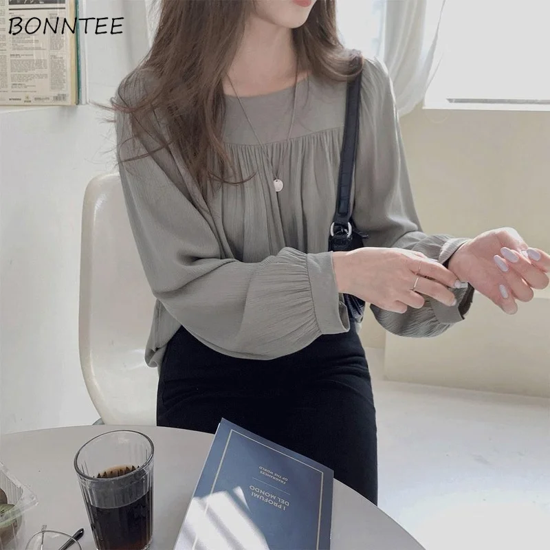 Blouses Vrouwen Vierkante Kraag Eenvoudige Tedere Effen Vintage Design Shirring Ins Gezellige Franse Stijl Herfst Elegant Casual All-Match Bf