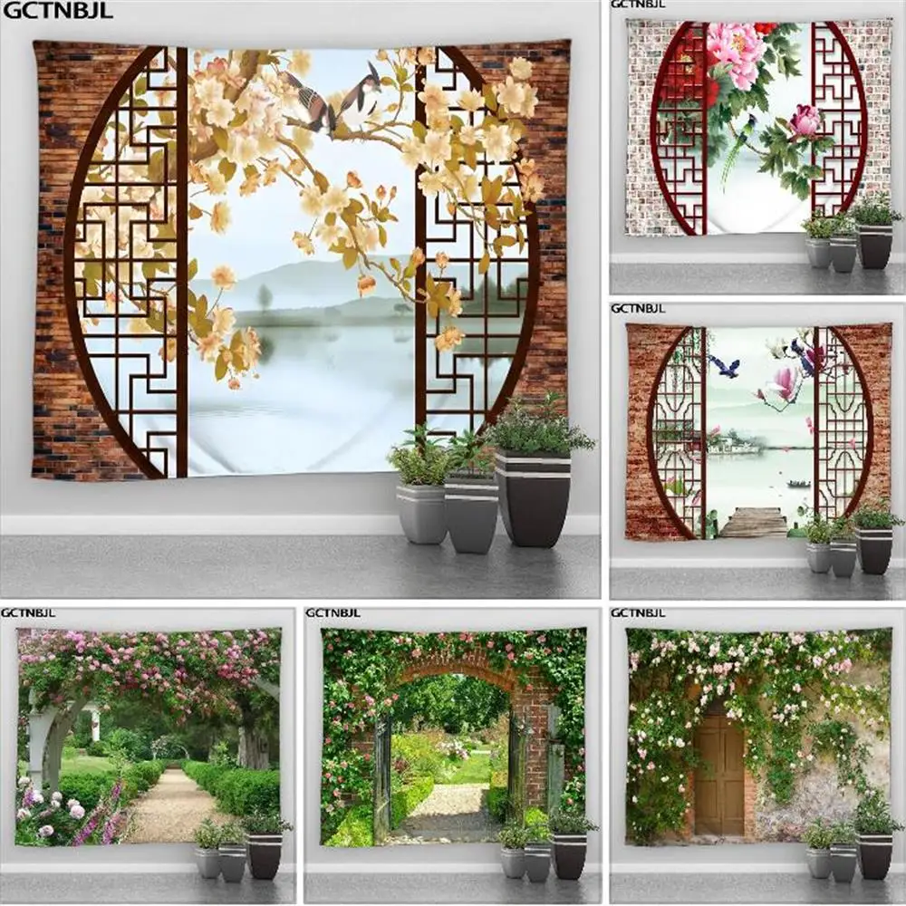 

Ancient Chinese Style Landscape Big Tapestry Screen Arch Garden Natural Scenery Patio Home Decor Wall Hanging Wall Tapestries