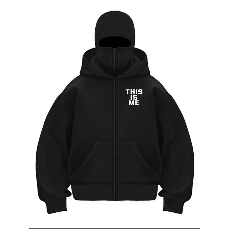 Men's Balaclava Zip Hoodie Y2K Streetwear Oversized Sweatshirt Full Face Mask Jacket Letter Print 