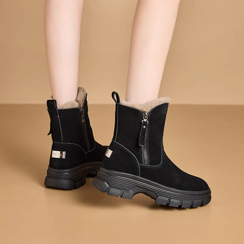 

Snow boots 2025 new winter thick cotton warm and casual with fleece outdoor cotton boots leather high top women's shoes