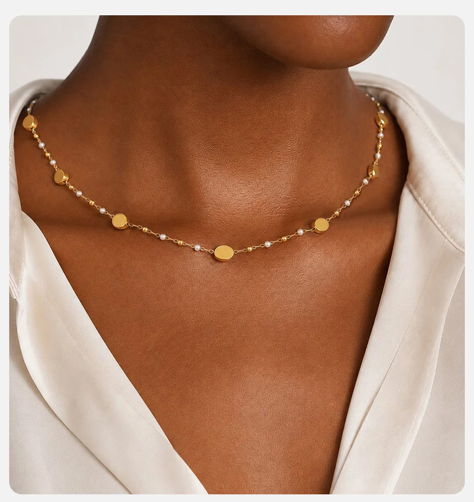 Vnox Minimalistische Stapelbare Halskette und Armbänder mit Imitationsperlen für Damen, Trendiger Edelstahl-Schmuck mit Goldplattierter Ovaler Kette – Detail 8