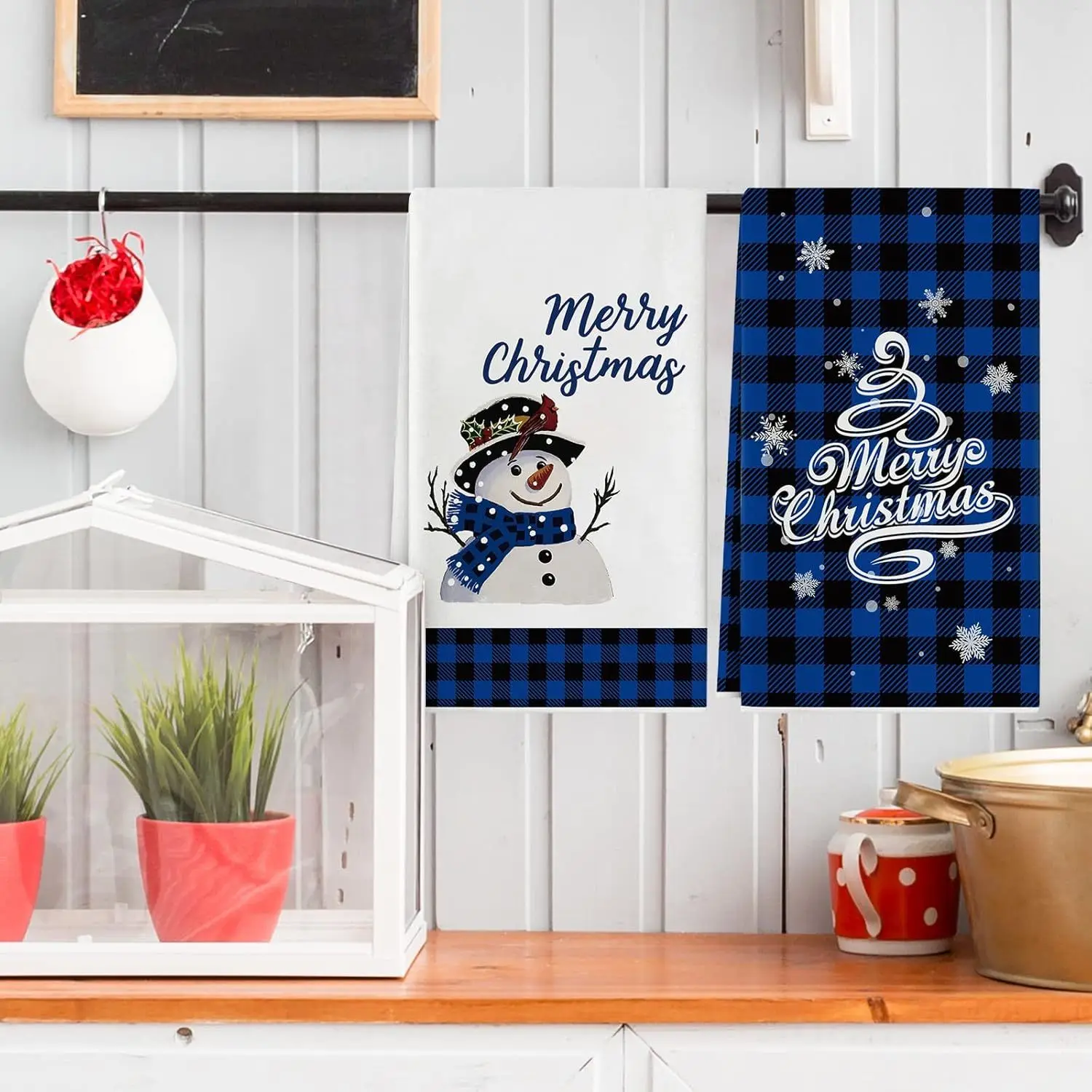 Set of 4, blue and black plaid, snow season, Christmas, merry, kitchen towel
