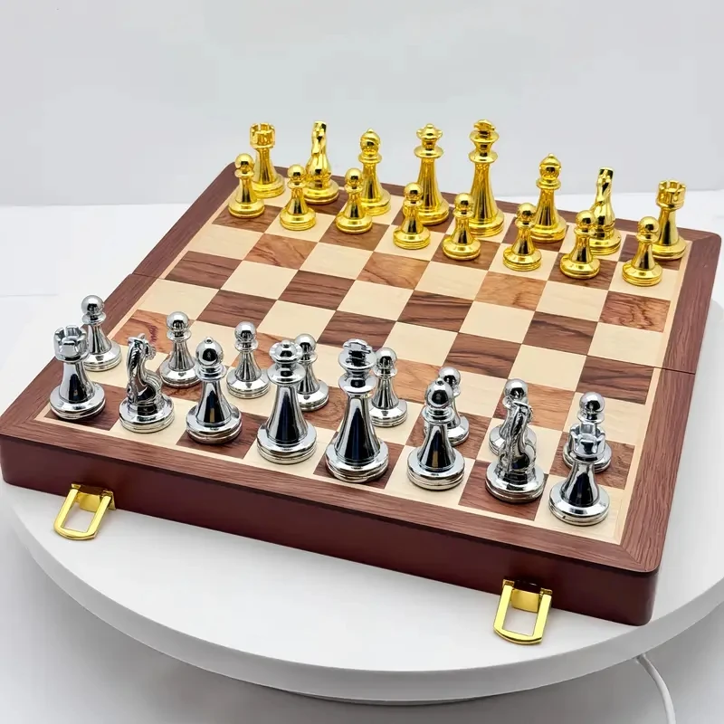 Deluxe Wooden checkerboard Set 30cm/11.8inch Portable folding with weight zinc alloy pieces Ideal for Various holiday gifts