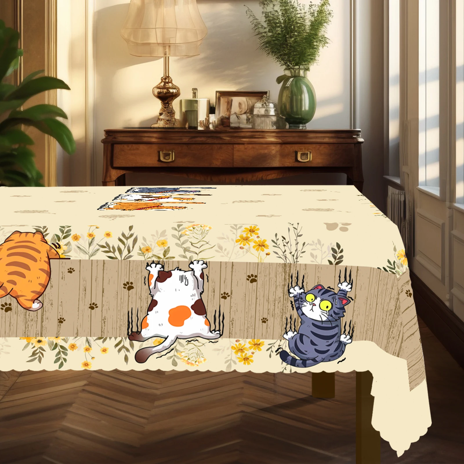 1 Piece, Cute Cat-Themed Polyester Tablecloth + 4 Self-Adhesive Stickers, Three Kittens in Different Poses with Fresh Floral Print Pattern, Embossed Edges, Suitable for Home Kitchen, Living Room Dining Table, Balcony Coffee Table, Holiday Party Tabletop Decoration Tablecloth, Outdoor Picnic Decoration, Coffee Table Tabletop Decoration Tablecloth Table Cover, Perfect Holiday Gift, Spring, Summer, Autumn and Winter Tablecloth Decoration Oo-054