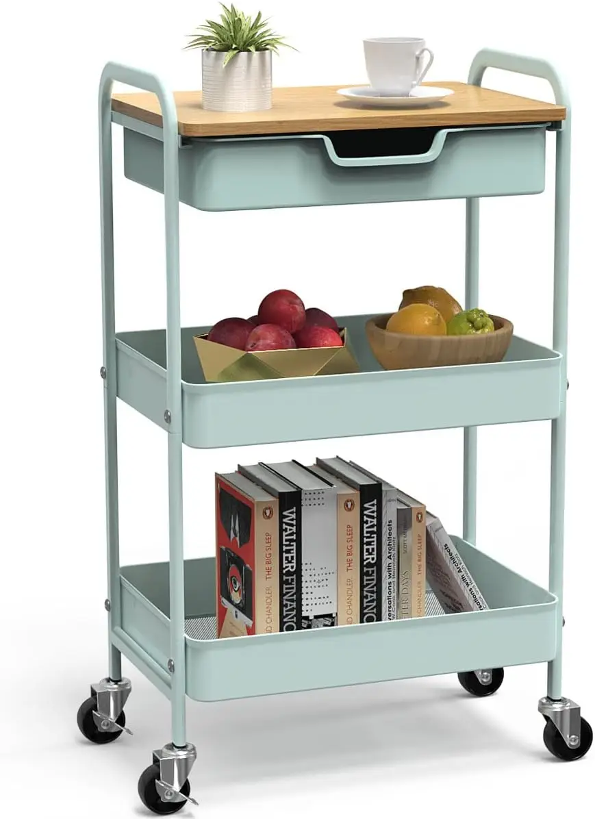 

3-Tier Rolling Cart with Drawer and Table Top, Metal Kitchen Storage Organizer with Locking Wheels for Home Office