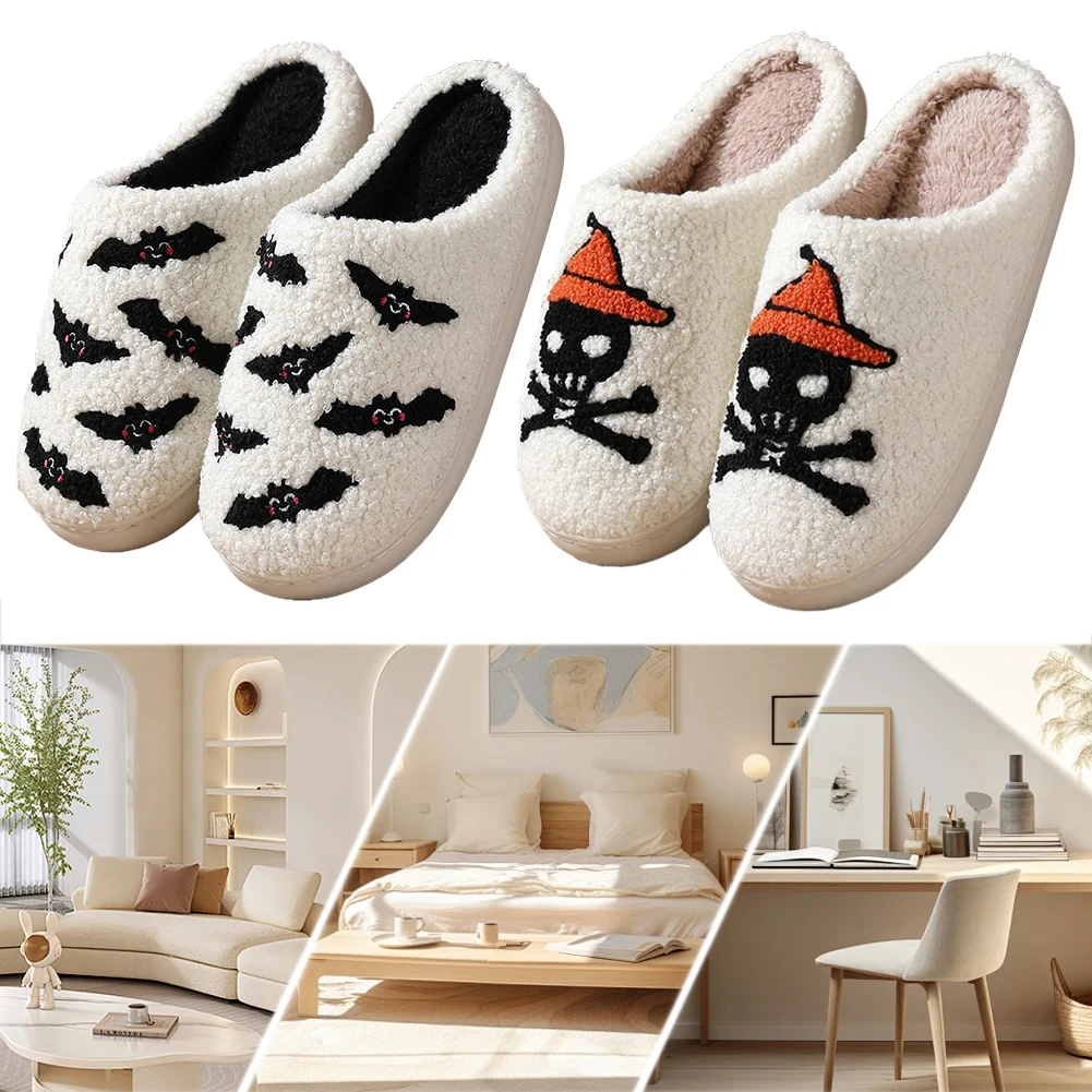 Halloween Bat/Pirate Plush Slippers Furry Skeleton Slipper Comfortable Fuzzy Skull Pirate Slippers Anti Slip Soft for Men Women