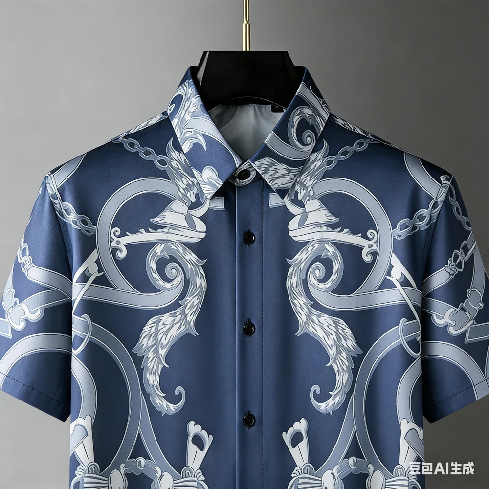 Men's Fashion Retro Breathable Soft Short Sleeve Shirt Fun Pattern Chain 3D Printed Shirt Men's Wedding Casual Party Tops men