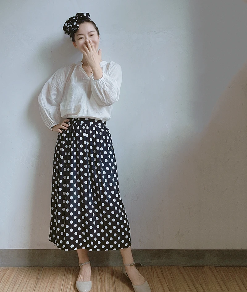

Slimming Polka Dot High Waist Midi Skirt Women's Cotton Elastic Waist Zipper Ba Summer New Arrival Faion Commute Sle