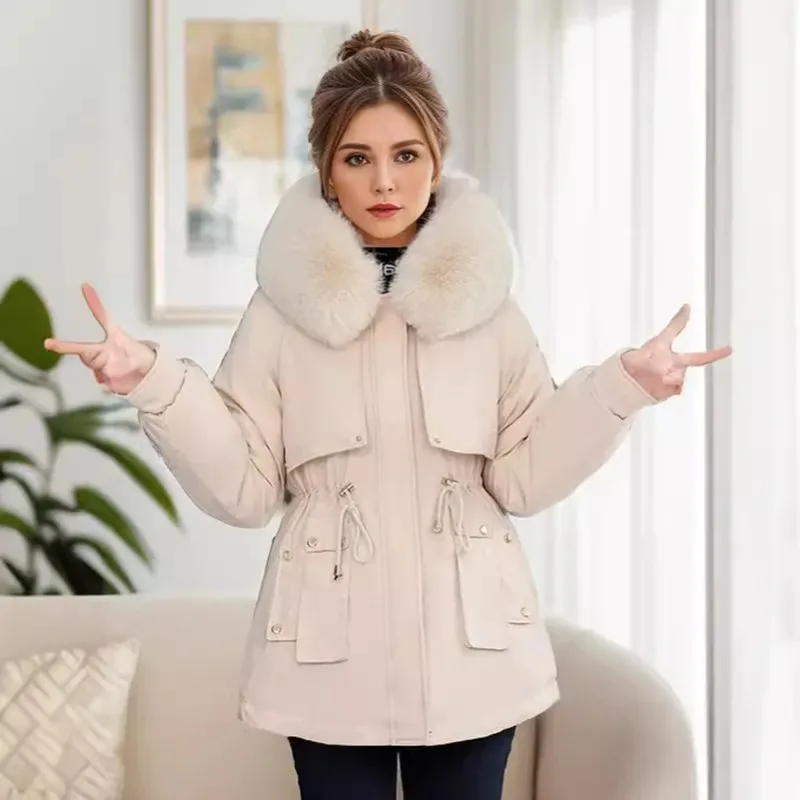 

Women Winter Parkas 2025 Padded Jacket Fur Collar Warm Coats Thermal Drawstring Waist Cinching Cotton Outerwear Tops
