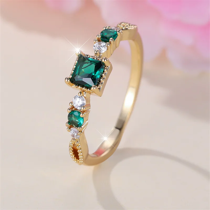 Minimalist Female Square Green Stone Thin Rings For Women Antique Gold Color White Zircon Stacking Wedding Bands Party Jewelry