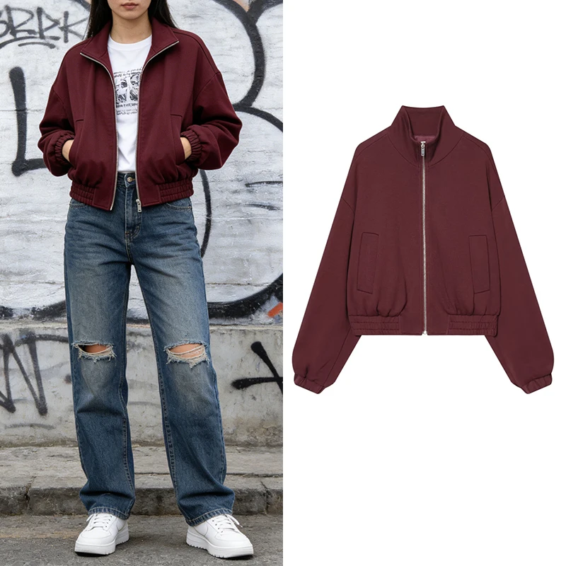 Wijnrood kort vluchtjack voor dames, volledige ritssluiting, opstaande kraag, losvallende jas met zakken, trendy casual stijl