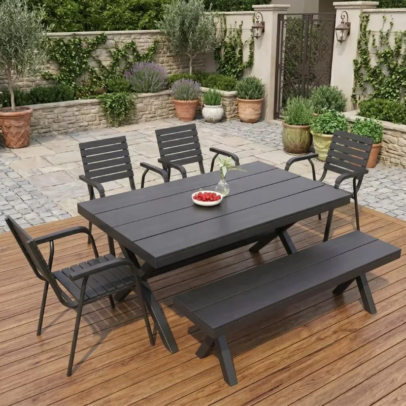 

Black 6 In One Outdoor Terrace Dining Furniture Set With Wood Chairs For Poolside Courtyard Garden Leisure Use Comfortable