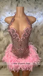 Glitter Pink Crystal Short Prom Dress For Black Girl Homecoming Senior Cocktail Dress Birthday Party Gown Feathers Customized