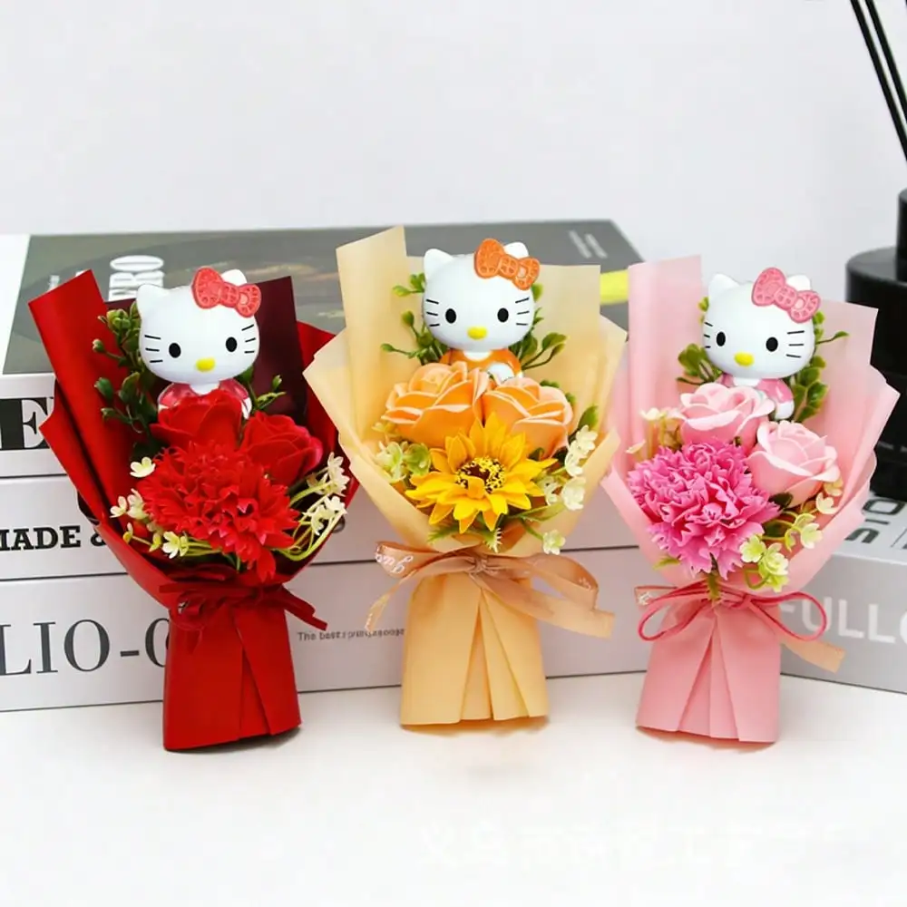 Sanrio Carnation Bouquet Hello Kitty Cartoon Rose Carnation Hand Bouquet Hello Kitty Artificial Sunflowers Mother's Day Gift Tea