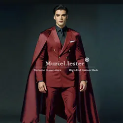 Elegant Groom Wedding Tuxedos With Cape Customized Double Breasted Jacket Pants 2 Pieces Groom Formal Party Suits Men Slim Fit