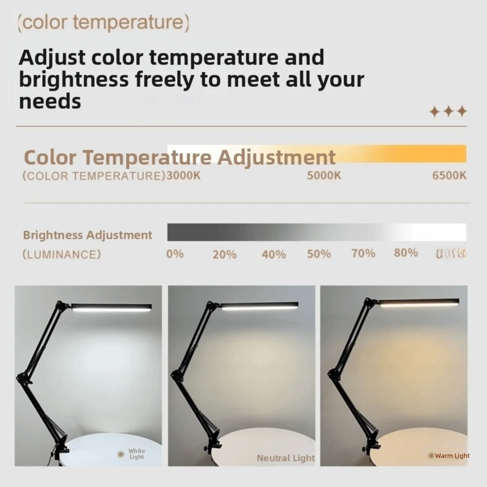 3 Lighting Modes LED Desk Lamp with Clamp Adjustable Clip Eye-Caring Folding Clip on Light Energy Saving Dimmable