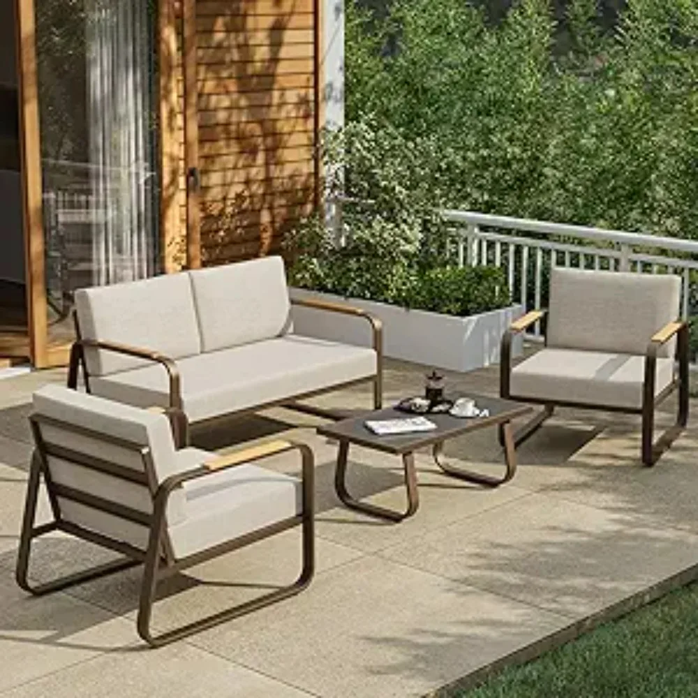 4Pcs Patio Furniture Set, Outdoor Patio Set w/Removable Washable Deep Seating Cushion, Patio Conversation Sets for Backyard