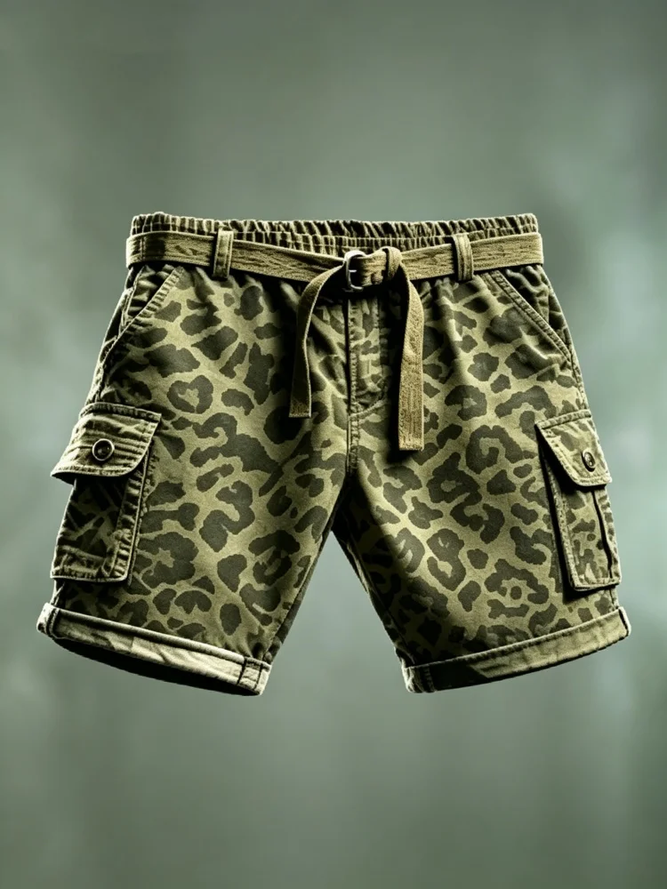 Mens Cargo Shorts Leopard Print Vintage Workwear Loose Fit Streetwear Shorts with Belt