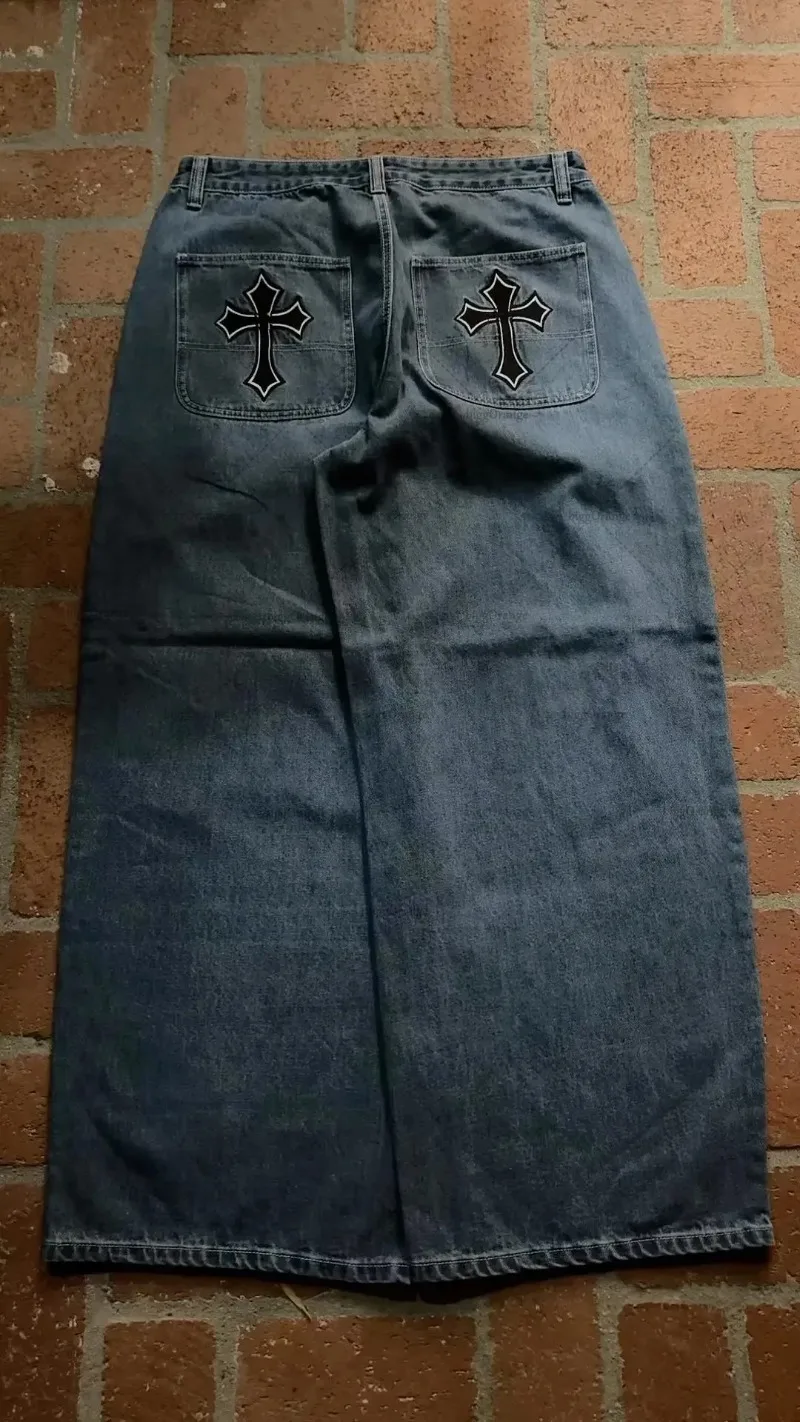 الهيب هوب الشرير Harajuku فضفاض الجينز الرجال القوطية خمر الشارع الشهير بنطلون شارع العليا الرجعية الهيكل العظمي عالية الخصر السراويل المستقيمة #4