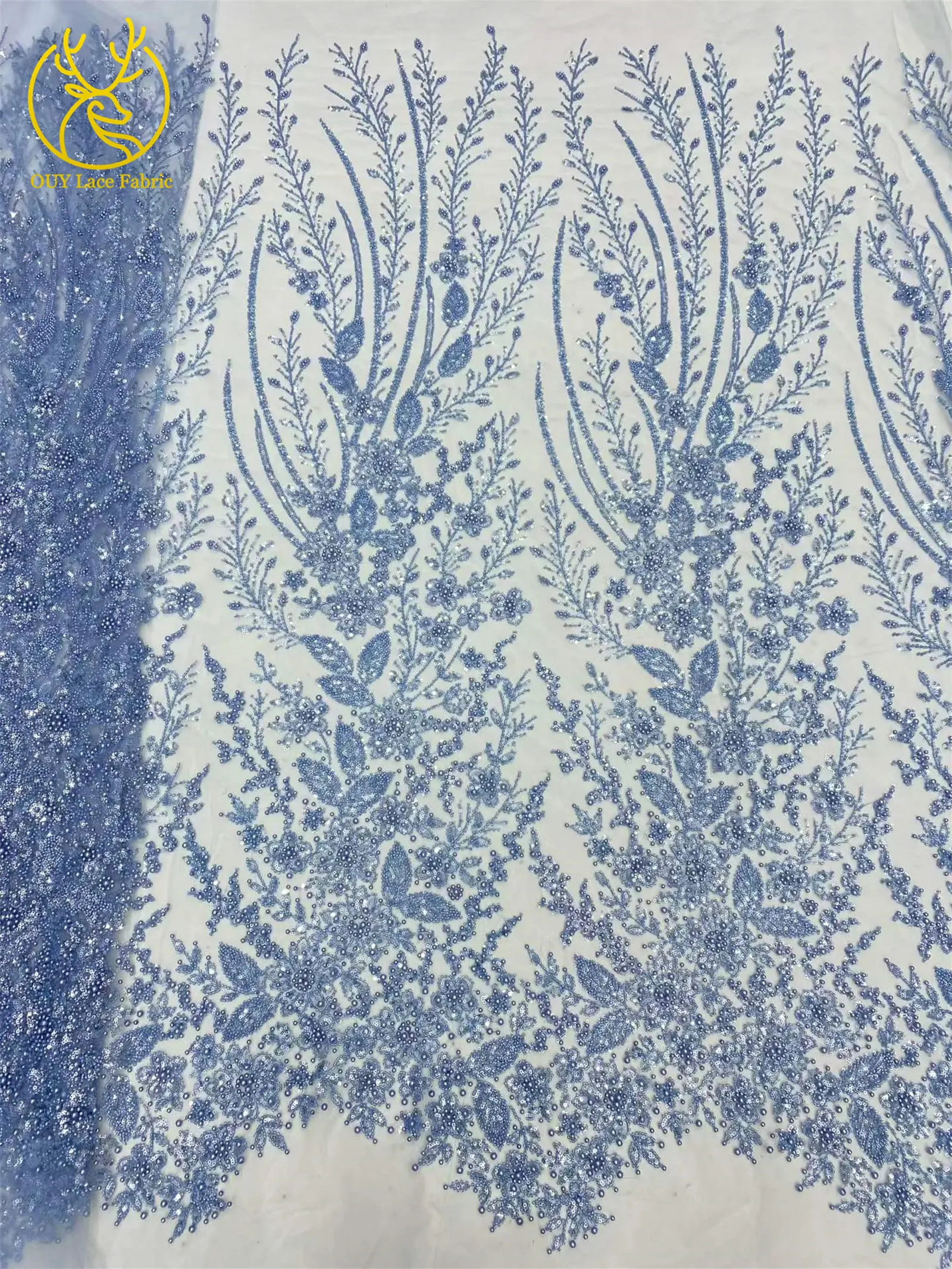 Afrikanischer handgefertigter bestickter Pailletten-Spitzenstoff, blauer französischer Tüll-Mesh-Spitzenstoff, nigerianischer Bankettkleiderstoff – Detail 14