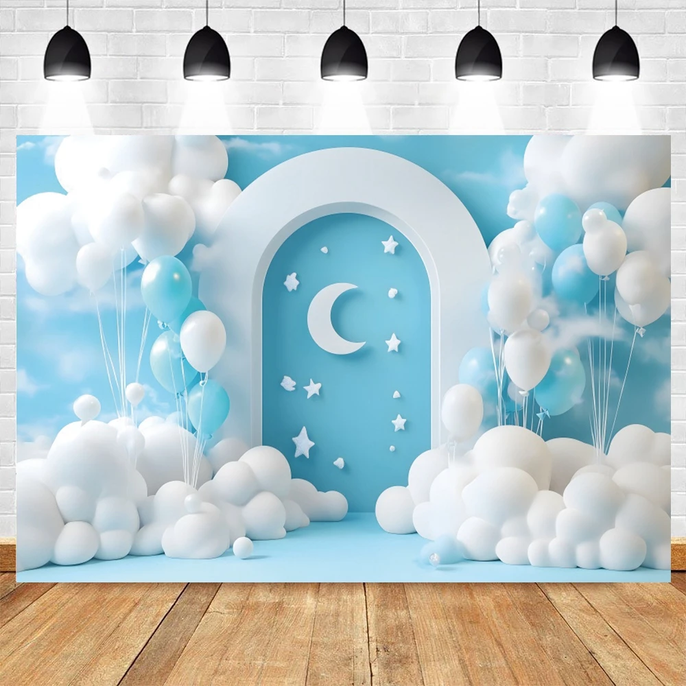 Newborn First Birthday Backdrop Blue Balloons Moon Star Clouds Tent Interior Room Scene Baby Shower Photography Background Decor