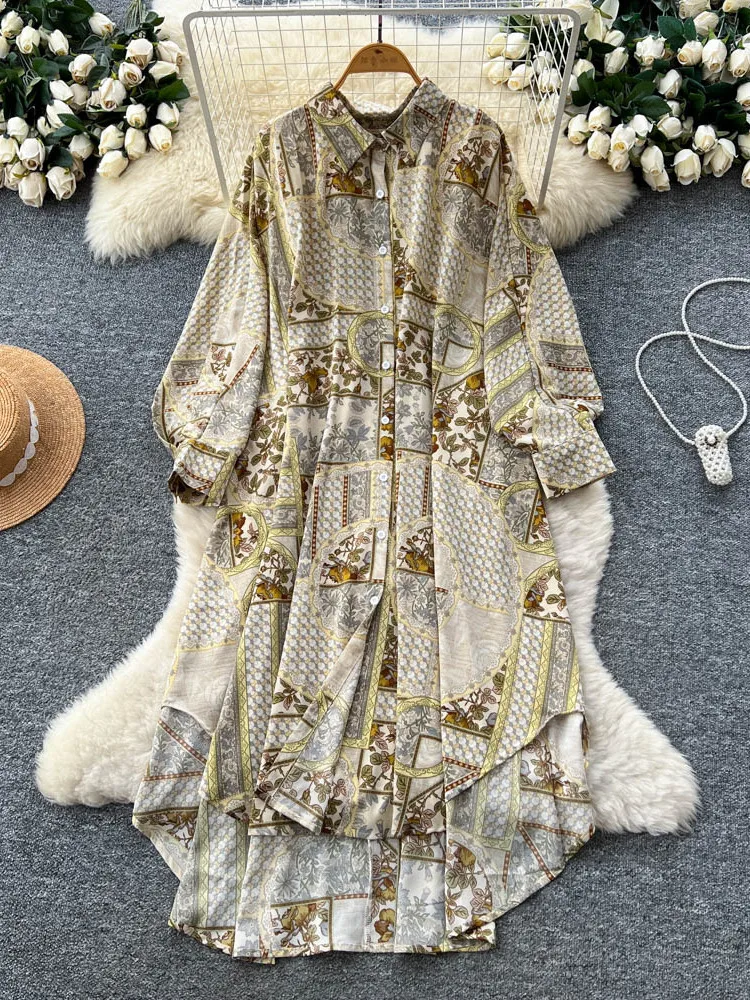 2026 جديد الخريف المرأة موضة ترتيب الأسرة طوق فستان بكم طويل فضفاض عادية واحدة الصدر قميص مطبوع فستان #2