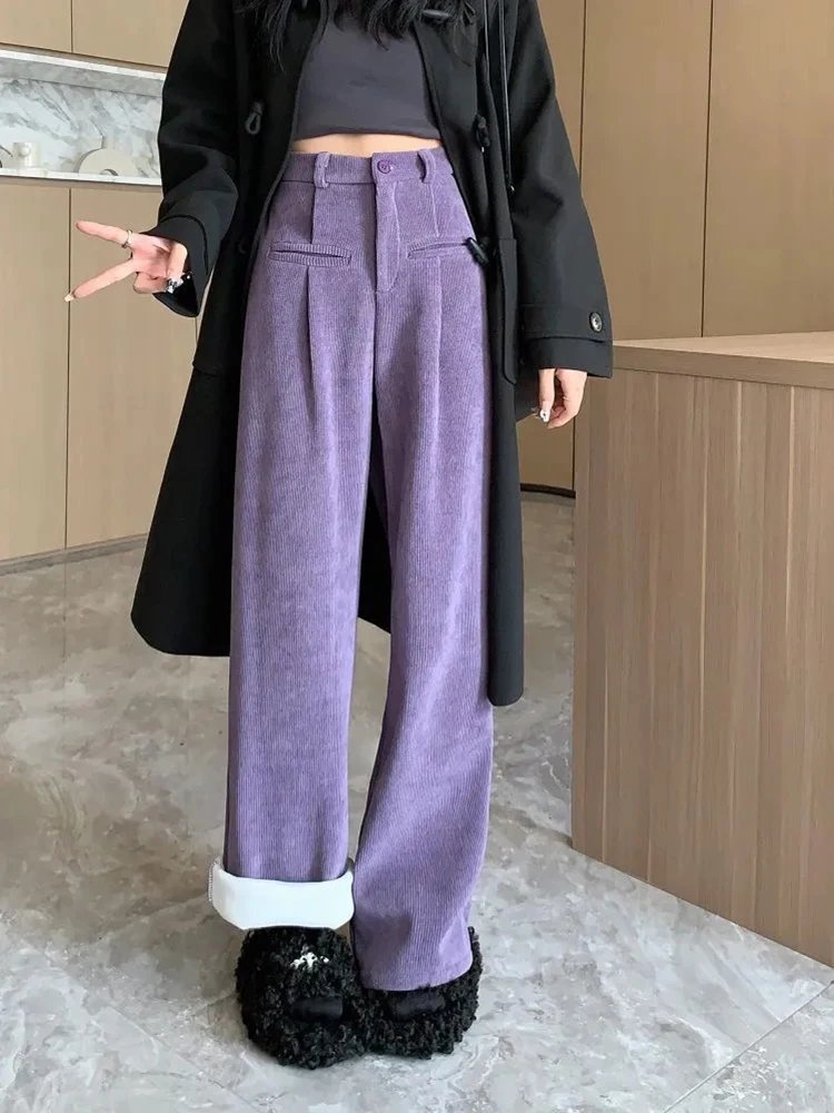 

Casual Thick Plush Wide Leg Corduroy Pants Winter Warm Velvet Lined Thicken High Waist Trouser Korean Women Snow Wear Spodnie