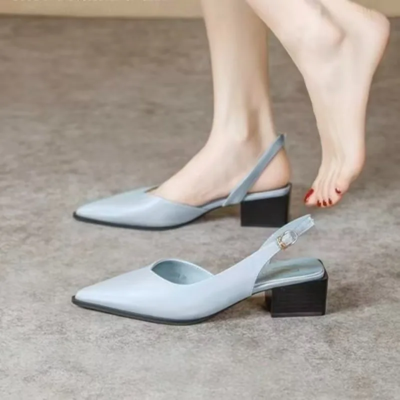 Sheepskin French Retro Baotou Coarse Heel Sandals for Women Summer Outdoor, 2026 Rear Strap Pointed Single Shoes Versatile