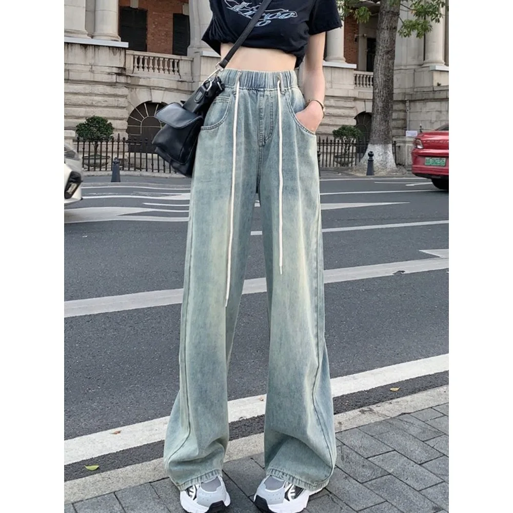 Lange Damen-Hose mit lockerer Passform, schlankmachender Wirkung, Stretch-Denim, bodenlange Hose, hohe Taille, weites Bein, gerades Bein