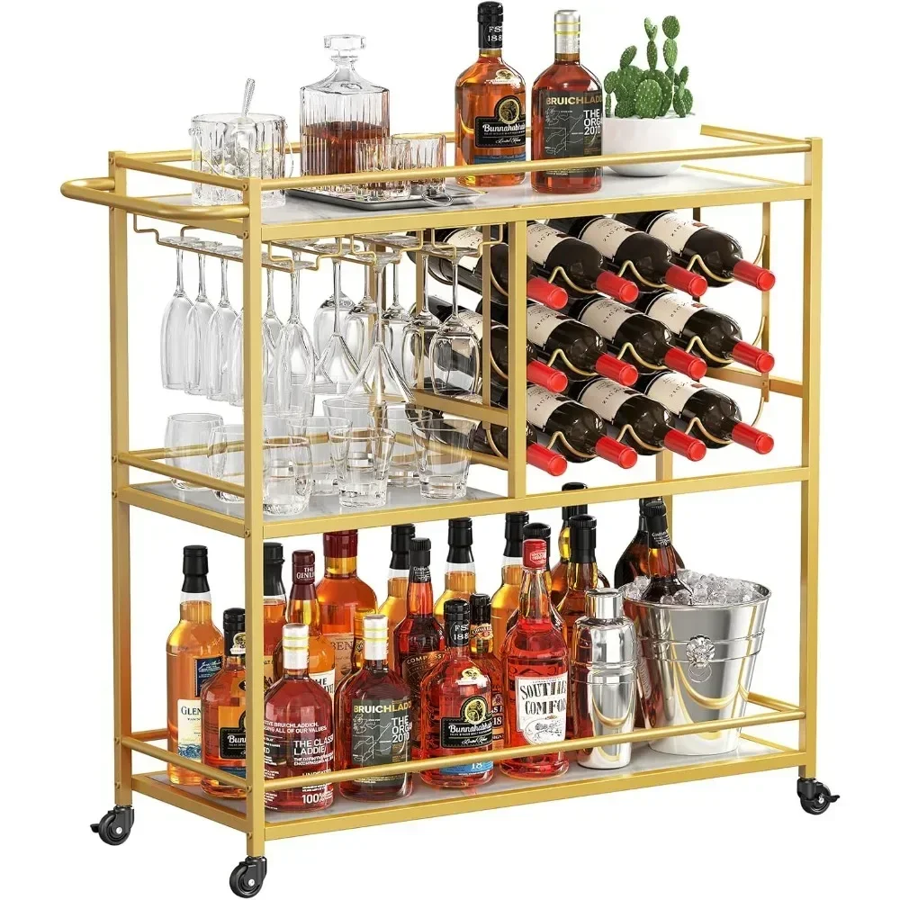 

Bar cart, 3-tier beverage cart with locking wheels, 12 wine racks and 3 rows of glass racks, hall passengers, service carts