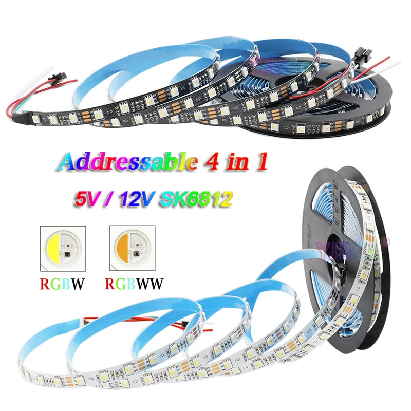 

5V 12V DC SK6812 IC 60pixles/m addressable RGBW RGBWW 4 color in 1 LED Strip SMD 5050 RGB White Lamp Tape flexible Lights bar