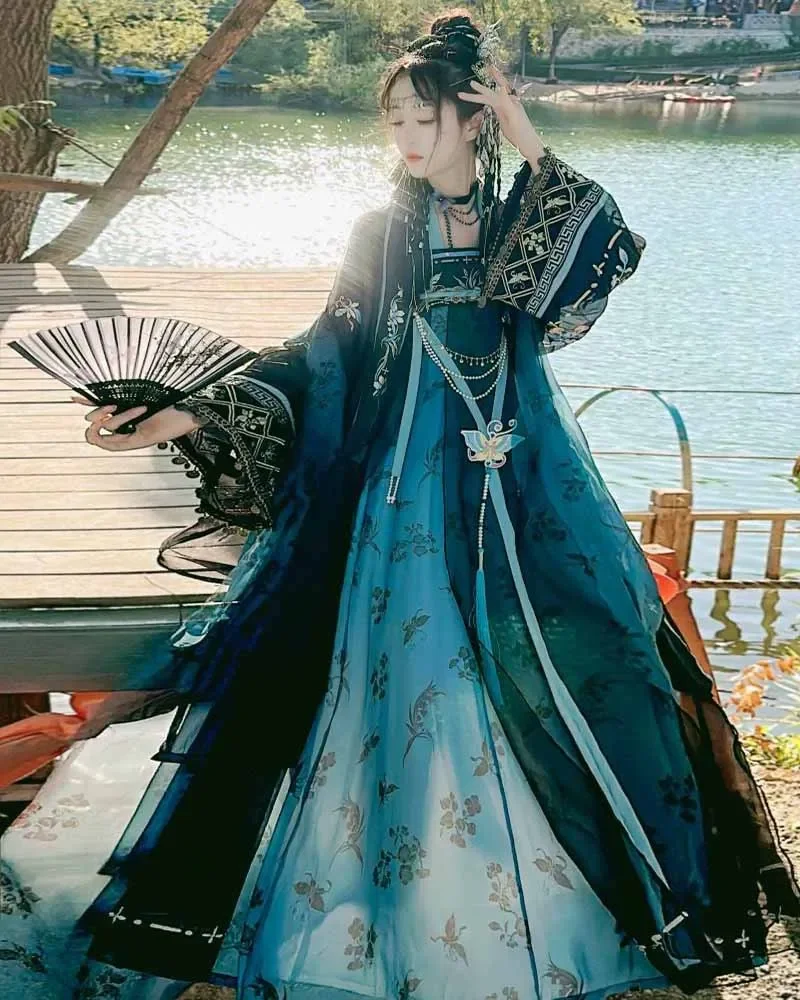 Strój Hanfu z dynastii Tang, starożytny tradycyjny haft, kostium do cosplay, fioletowo-niebieska sukienka Hanfu, popularna chińska sukienka Hanfu dla kobiet QWRE